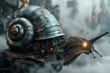 Poster - Deadly Cyborg Snail Warrior Emerges from Dystopian Shadows,Cloaked in Billowing Smoke and Intricate Mechanical