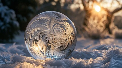 Poster - Frozen winter wonderland with ornamental glass ball