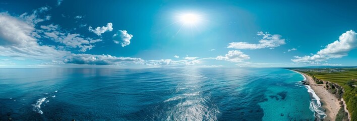 Wall Mural - Panoramic photo of the ocean and sky, blue sky with clouds