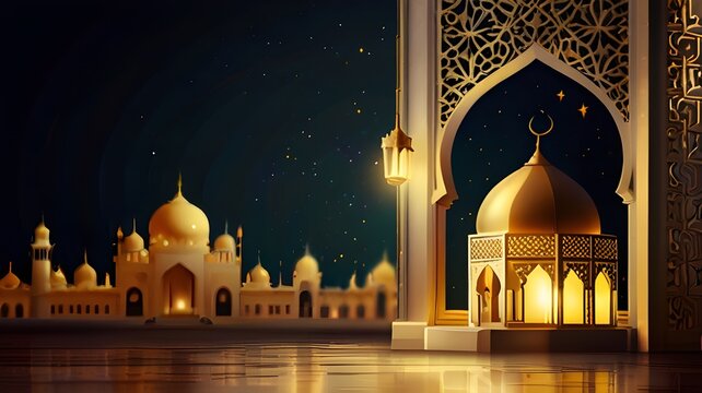 golden Mosque and Islamic lamp design background for Eid Mubarak banner