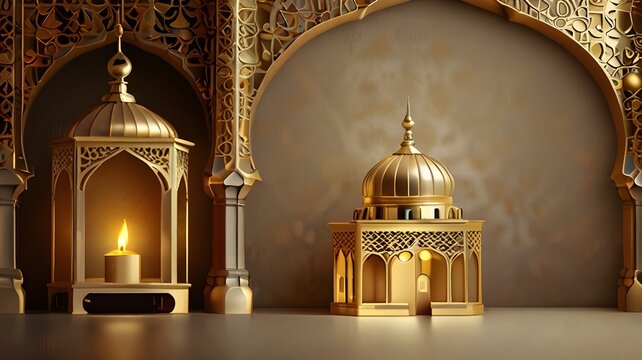 golden Mosque and Islamic lamp design background for Eid Mubarak banner