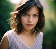 © sergio - Portrait of a beautiful young girl with blue eyes and short brown hair. AI.