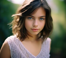 Portrait of a beautiful young girl with blue eyes and short brown hair. AI.