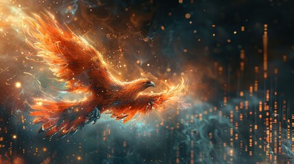 an abstract depiction of a phoenix rising with a growing chart, symbolizing rebirth and economic res