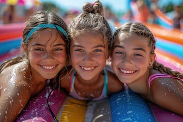 Canvas Print - Three little girls playing on the water slide