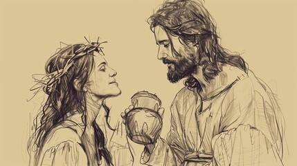 Jesus and the Woman with the Alabaster Jar, Biblical Illustration of Devotion and Forgiveness, Ideal for Religious article