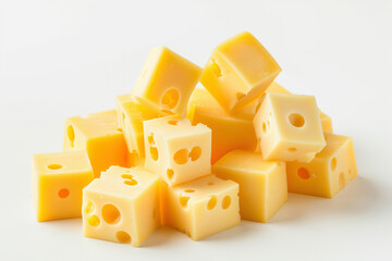 A pile of yellow cheese cubes on a white background