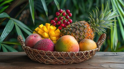 Poster - Tropical fruits displayed in a basket on a wooden surface mango pineapple rose apple and mulberry
