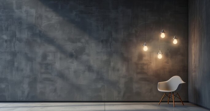 Photo of a dark room with three hanging lights and an empty white chair on the right side, set against a gray wall. Web banner with empty space
