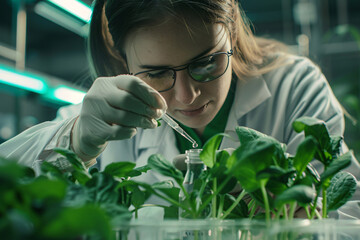 Wall Mural - female scientist in lab coat researching on plants in laborotory. concept for biotechnology and gene