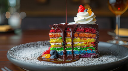 Wall Mural - A slice of rainbow cake served with a dollop of whipped cream and a drizzle of chocolate sauce