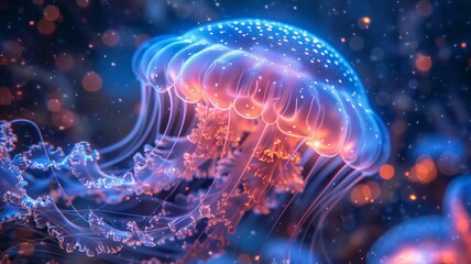 Wall Mural - Close-up of a glowing bioluminescent jellyfish in vibrant colors, floating gracefully in the deep ocean with bokeh lights.