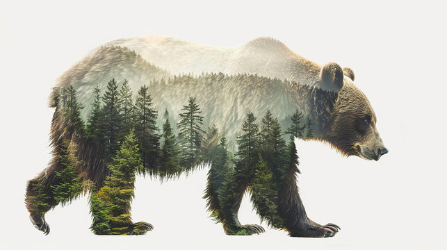 Double exposure of bear and forest.