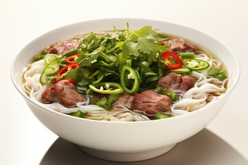 A bowl of Vietnamese pho with steaming broth and fresh herbs. White background.