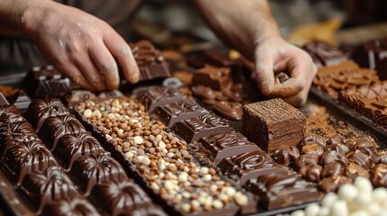 A close-up view of a tray filled with assorted chocolates, showcasing a variety of shapes, flavors, and textures