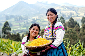 Two women wearing Ecuadorian traditional attire stand next to each other