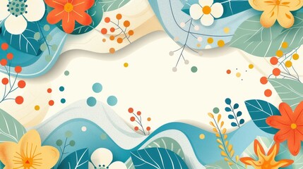 Wall Mural - Spring themed background with abstract wavy patterns and seasonal flowers and leaves