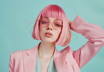 Wall Mural - Photo of fashion model with pink bob hair, wearing oversized blazer and sunglasses posing on pastel background