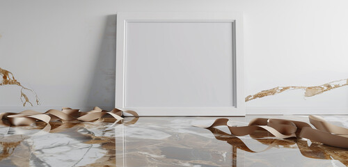 Wall Mural - Ultra high definition 3D rendered empty room with a white picture frame, khaki ribbons, and a glossy marble floor. Mockup.