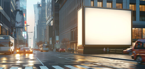 Wall Mural - Ultra HD 3D render of a sleek urban billboard on a bustling street corner, blank frame with a light border for advertising.