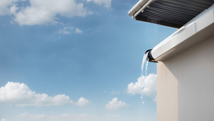 Wall Mural - This is a picture of a white rain gutter with water overflowing and spilling out of it.

