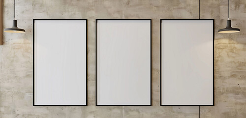 Wall Mural - Three vertical frames mockup hanging on office wall, sand beige walls, modern concrete company interior, 3D rendering,