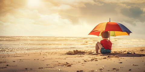 Poster - child with umbrella on the beach