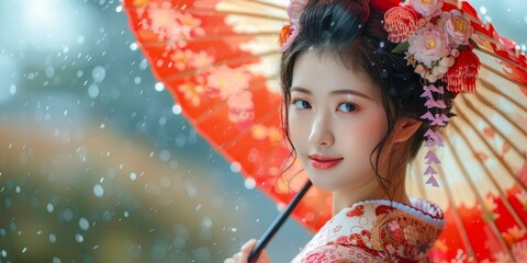 Wall Mural - Portrait of a beautiful Japanese woman in traditional kimono holding a red umbrella