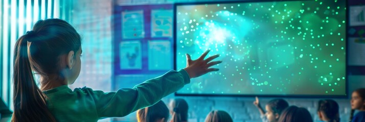 Wall Mural - A caring primary school teacher explains an exercise to a class full of bright, diverse children. A little girl raises her hand and asks her tutor a question.