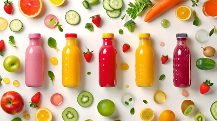 Wall Mural - Colorful bottles of fresh juice lined up with fruits and vegetables spread around. Bright and vibrant style, perfect for food and drink promotion. AI