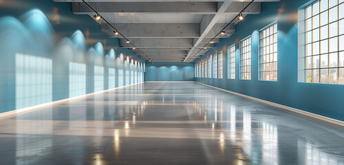 Wall Mural - Empty spacious light exhibition hall with azure blue wall, glossy concrete floor, and windows. 3D rendering, mockup.