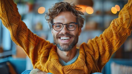 Wall Mural - young handsome man with beard wearing casual sweater and glasses over blue background very happy and excited doing winner gesture with arms raised smiling.illustration
