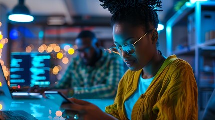 Wall Mural - Young woman working on smartphone in modern office. Technology and innovation concept. Professional environment with colleague coding in background. AI