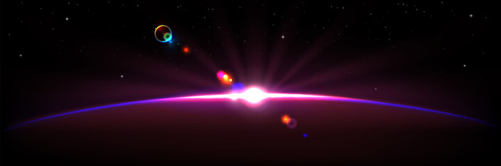 Wall Mural - planet horizon purple glow with rays and sparkle. realistic 3d vector illustration of sunlight at da
