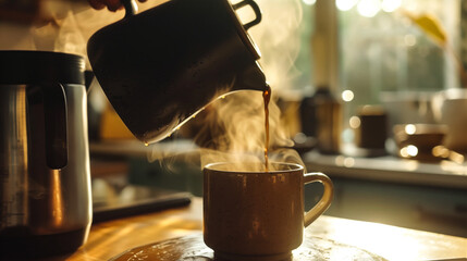 Pouring hot coffee into a ceramic mug