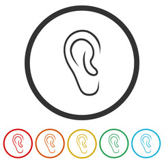 Poster - Human ear icon. Set icons in color circle buttons