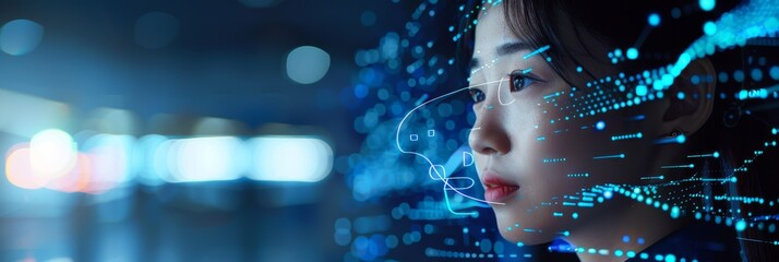 A portrait of an Asian female digital entrepreneur working on a computer, projected lines of code on her face and reflecting back at the camera. She is a software developer working on an innovative