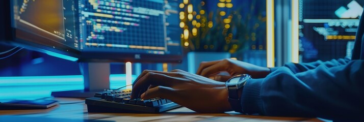 black male hands typing on a desktop computer keyboard in a dark network security office. profession