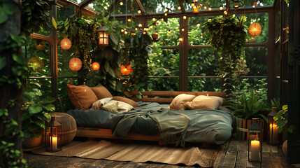 Wall Mural - A bedroom with a bed, pillows, and plants. The bed is surrounded by a rug and there are candles on the floor. The room has a cozy and relaxing atmosphere