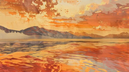 Wall Mural - Sunset seascape depicting mountains and hills by the sea with an orange hued sky and cloudy clouds Delicate waves and their reflections can be seen on the water