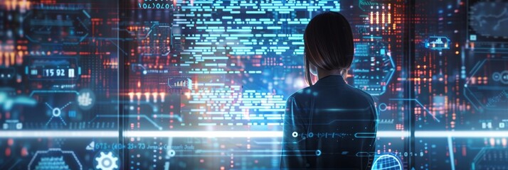 Administrating a high-tech data centre, screen showing big data analysis and code. AI, Web Services, Machine learning, Analytics, Cyber Security, and data center server control facilities.