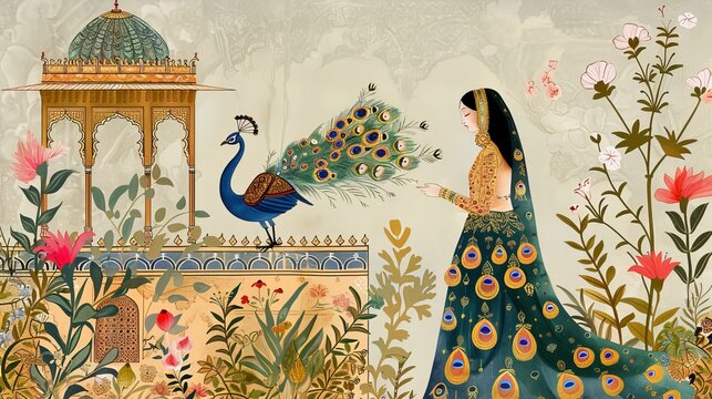 Traditional ethnic Mughal garden illustration with arch, palace, peacock, and pattern frame for wallpaper