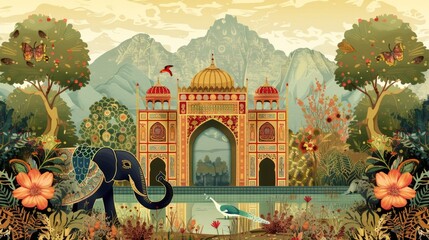 Illustration of a Mughal garden with elephants, peacocks, and arches