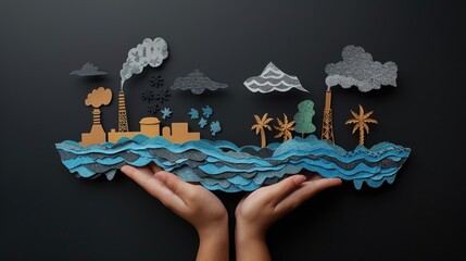 Two hands hold a layered paper collage showing factories emitting smoke and palm trees near the ocean, highlighting the conflict between industrial activity and natural beauty.