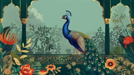 Wall Mural - Modern illustration of a traditional Mughal garden arch, a plant, and a peacock for an invitation