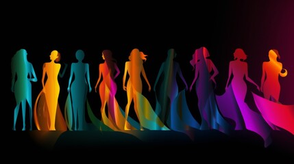 Wall Mural - Vibrant Diversity: Female Silhouettes in Colorful Array on Black Background - Vector Illustration Logo for Website, Banner