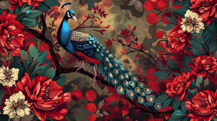 Wall Mural - An old-style peacock pattern with a mughal garden and forest