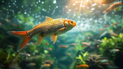 Wall Mural - Environmental conservation concept, A sustainable fish farm using eco-friendly practices, promoting responsible aquaculture. Realistic Photo,