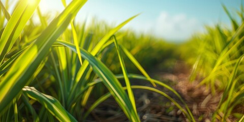 Wall Mural - Photo of sugarcane in the field, blurred background, clear sky, green leaves on top and bottom of the sugar cane with yellow stripes