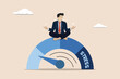 © Yunus - Stress test, employee relaxing without psychological pressure or rest time, mind calming concept, businessman sitting in lotus yoga pose on measuring scale.